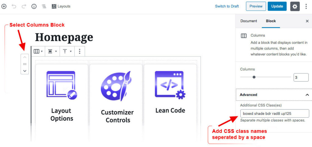 utility classes in column block
